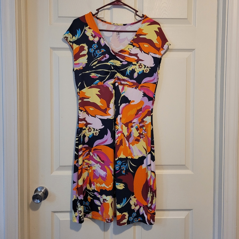 Title Nine Floral Print Midi Dress in Black, Orange, Pink, Yellow